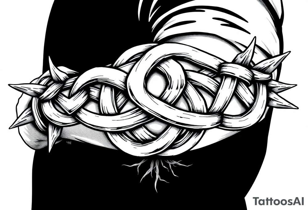 A Celtic knot armband with interwoven loops, featuring pointed ends that give it a dynamic, thorned or blade-like appearance that incorporates nature through roots Designed to wrap around the arm like a torc or tribal band tattoo idea