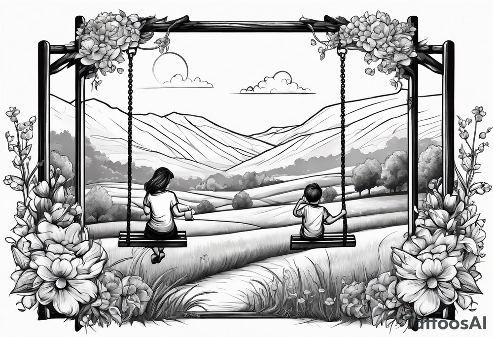Mom with son and daughter on a swing in the distance in a field of flowers tattoo idea