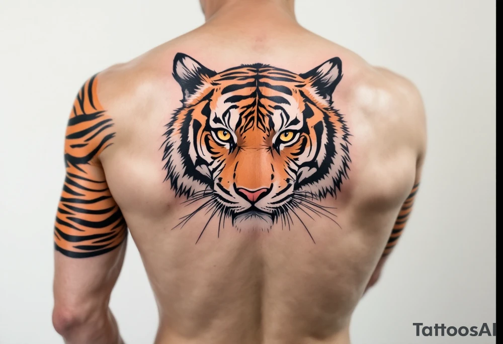 Matching orange and black tiger stripes wrapping around both upper arms tattoo idea