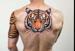 Matching orange and black tiger stripes wrapping around both upper arms tattoo idea