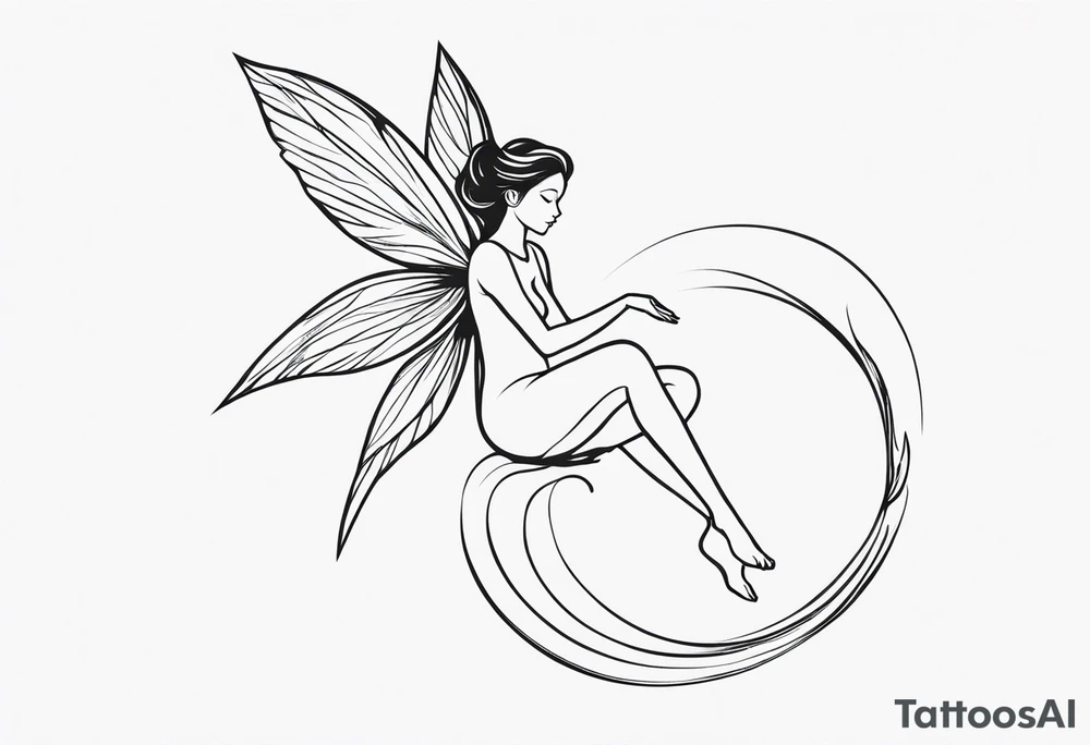 Minimalistic, monochromatic fairy with a tail flying to the left in a fetal position, leaning and looking in the same direction, with visible hands, embodying the 'Fairy Tail' logo aesthetic. tattoo idea