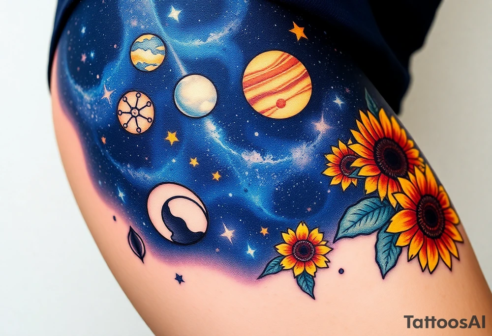 Milky way galaxy with planets with zodiac symbols and protection runes in it with tigerlillies roses and sunflowers tattoo idea