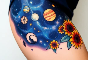Milky way galaxy with planets with zodiac symbols and protection runes in it with tigerlillies roses and sunflowers tattoo idea