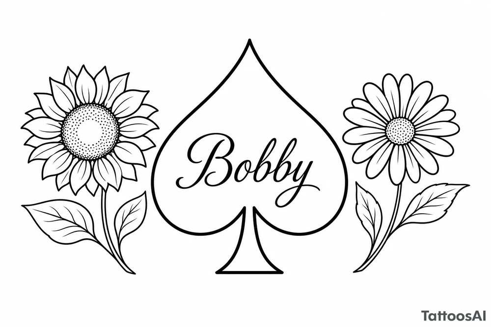 Bobby middle center inside the middle of the spade with a sunflower and a daisy on each side of the spade very super extremely traceable to trace onto notebook paper, very super extremely easy and simple traceable tracing black and white outlining outline coloring pages very super extremely traceable to trace onto notebook paper tattoo idea