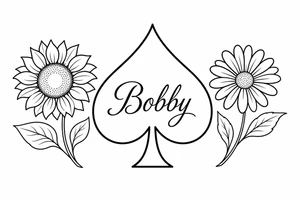 Bobby middle center inside the middle of the spade with a sunflower and a daisy on each side of the spade very super extremely traceable to trace onto notebook paper, very super extremely easy and simple traceable tracing black and white outlining outline coloring pages very super extremely traceable to trace onto notebook paper tattoo idea