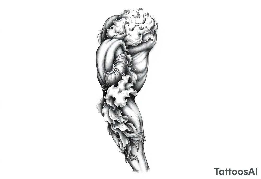 Tattoo sleeve filler using smoke, ash, and fragmented memory effects, organic flow wrapping around arm muscles, soft gradients, negative space, black and grey realism, seamless transitions between main tattoo elements. tattoo idea