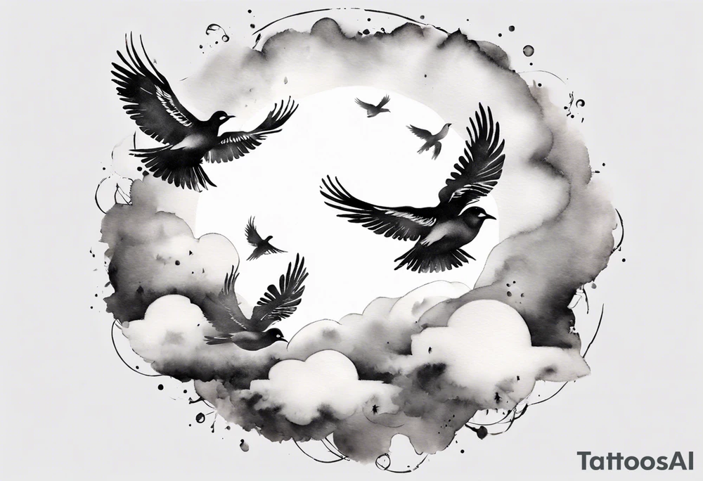shoulder tattoo with light rays with birds flying free among the clouds, round shape, 3d effect tattoo idea shoulder tattoo with light rays with birds flying free among the clouds, round shape, 3d effect tattoo idea