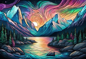 Norwegian fjord with aurora borealis tattoo idea