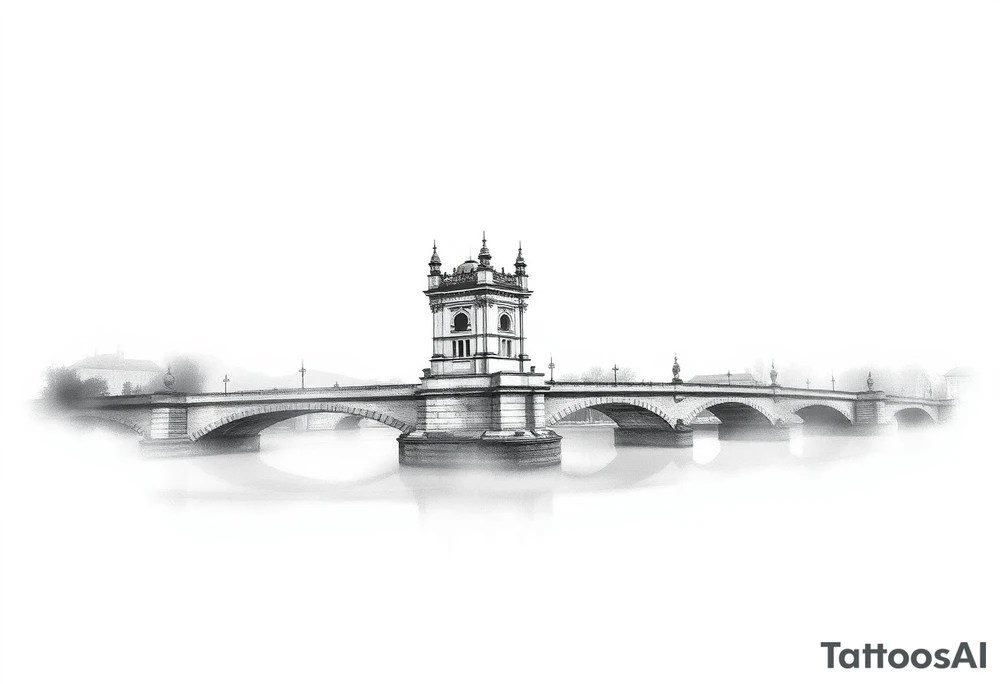 A realistic Charles Bridge silhouette, with fog rolling over the Vltava River, using soft grayscale shading with a hint of blue. tattoo idea