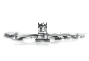 A realistic Charles Bridge silhouette, with fog rolling over the Vltava River, using soft grayscale shading with a hint of blue. tattoo idea