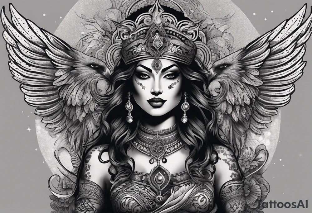 black kali, goddess pirate, alien, angel, pachamama, valkrye, warrior, flying, skull, lotus azul, wing, eagle, zenza resonance, stars, 5D, anahata chakra, death, durga, riding on a tiger, flying lady, kundalini, chest tatoo, samuri, rebel,s erpent tattoo idea