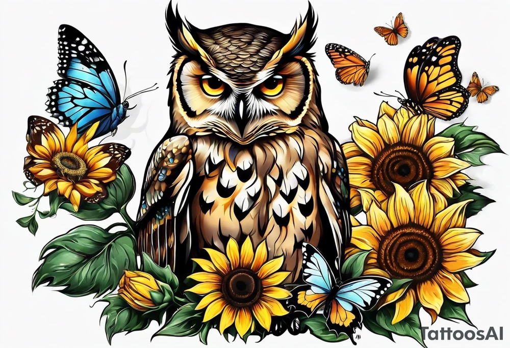 An owl with a Butterfly sitting on a sunflower i tattoo idea
