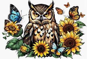 An owl with a Butterfly sitting on a sunflower i tattoo idea
