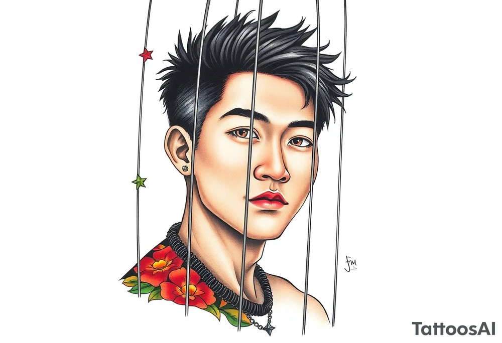 Handsome Asian young guy in a cage tattoo idea
