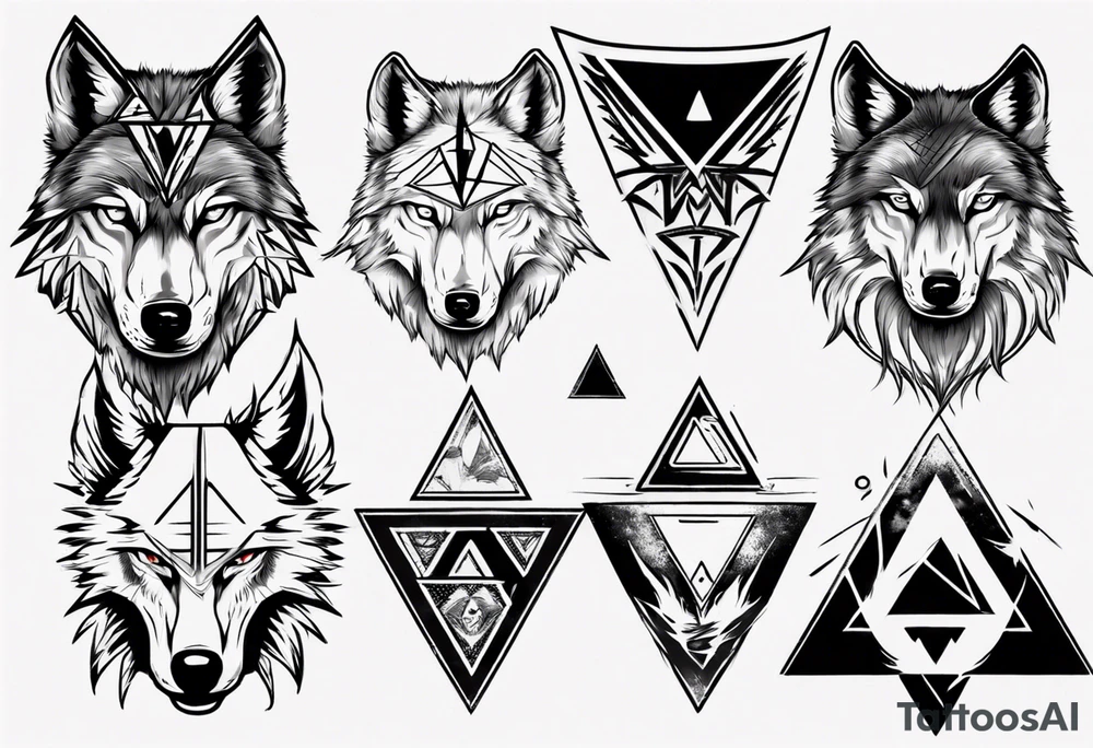 wolf head with triangle on the forehead and trangle in the background tattoo idea