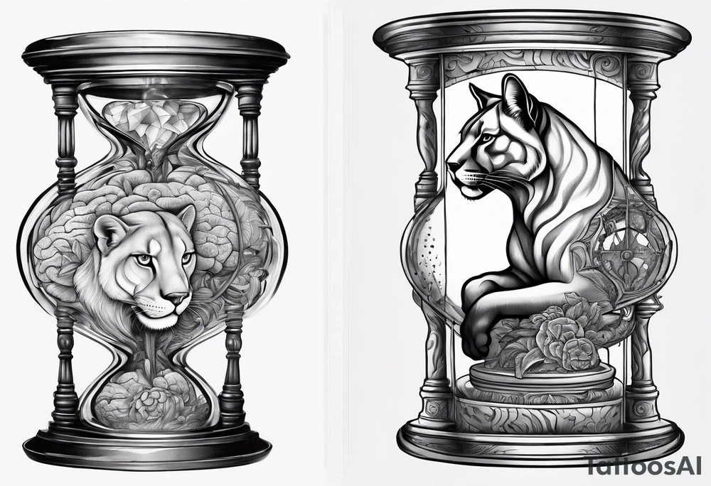 Brain in sagittal section and cougar inside hourglass. Brain in lower level, coguar in an upper level tattoo idea