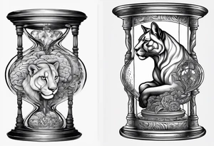 Brain in sagittal section and cougar inside hourglass. Brain in lower level, coguar in an upper level tattoo idea