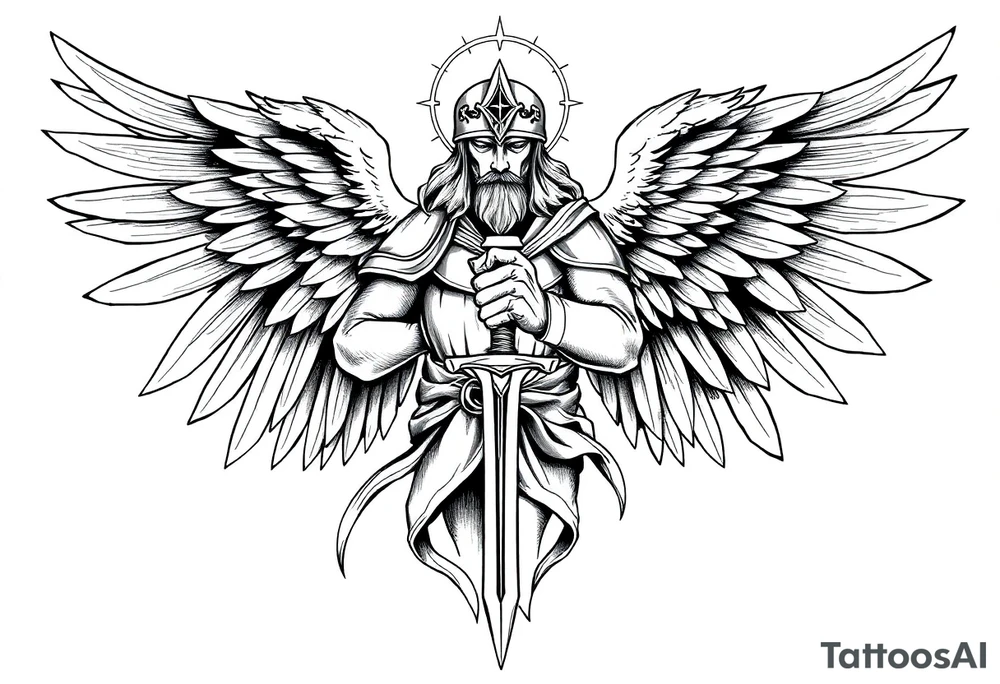 Holy Archangel, Biblical, Christianity, Hebrew, Guards of Christianity, Holding a sword, having six wings, wearing helmet, halo, seraphim, seek justice, walk only with God tattoo idea