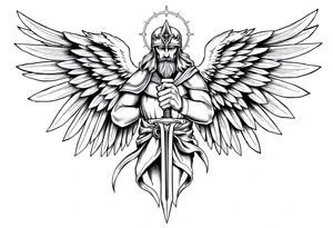 Holy Archangel, Biblical, Christianity, Hebrew, Guards of Christianity, Holding a sword, having six wings, wearing helmet, halo, seraphim, seek justice, walk only with God tattoo idea
