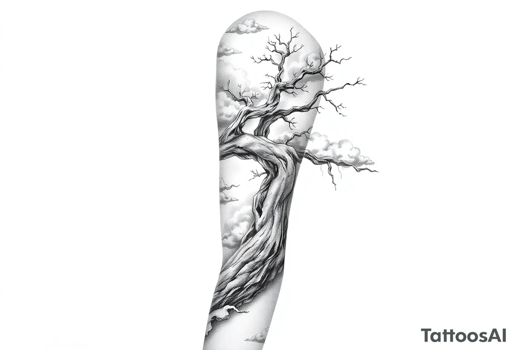 right arm sleeve, giant tree branch made of stone, clouds and lightning mixed throughout, tattoo idea