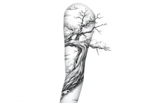 right arm sleeve, giant tree branch made of stone, clouds and lightning mixed throughout, tattoo idea