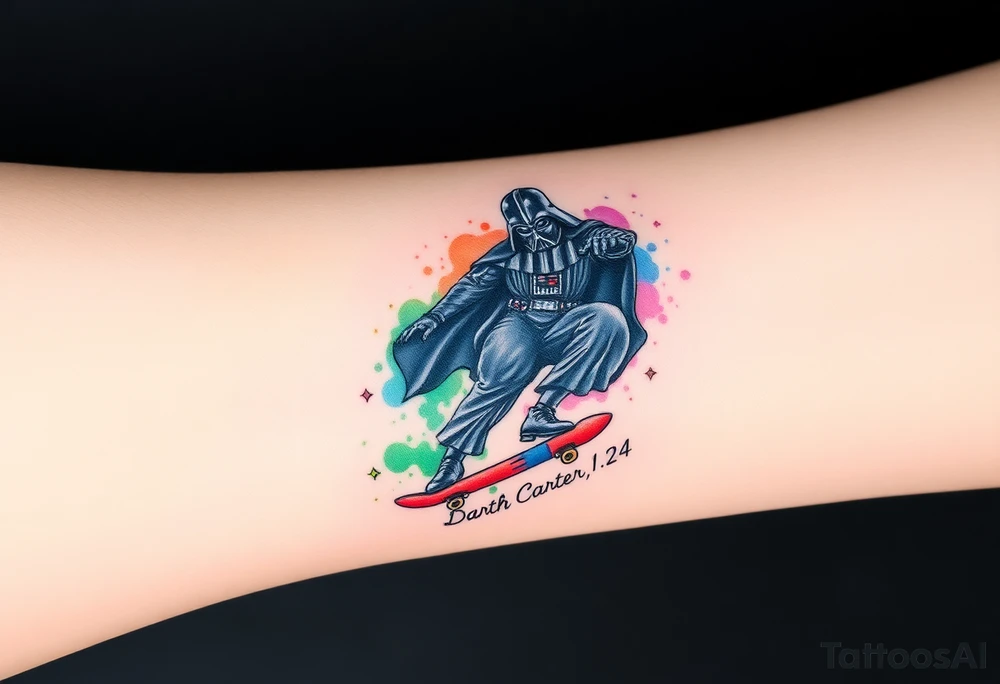Darth Vader skateboarding > bullets > in loving memory > colors
add words "Darth Carter" to skateboard
add date 12/29/88-01/06/24 tattoo idea