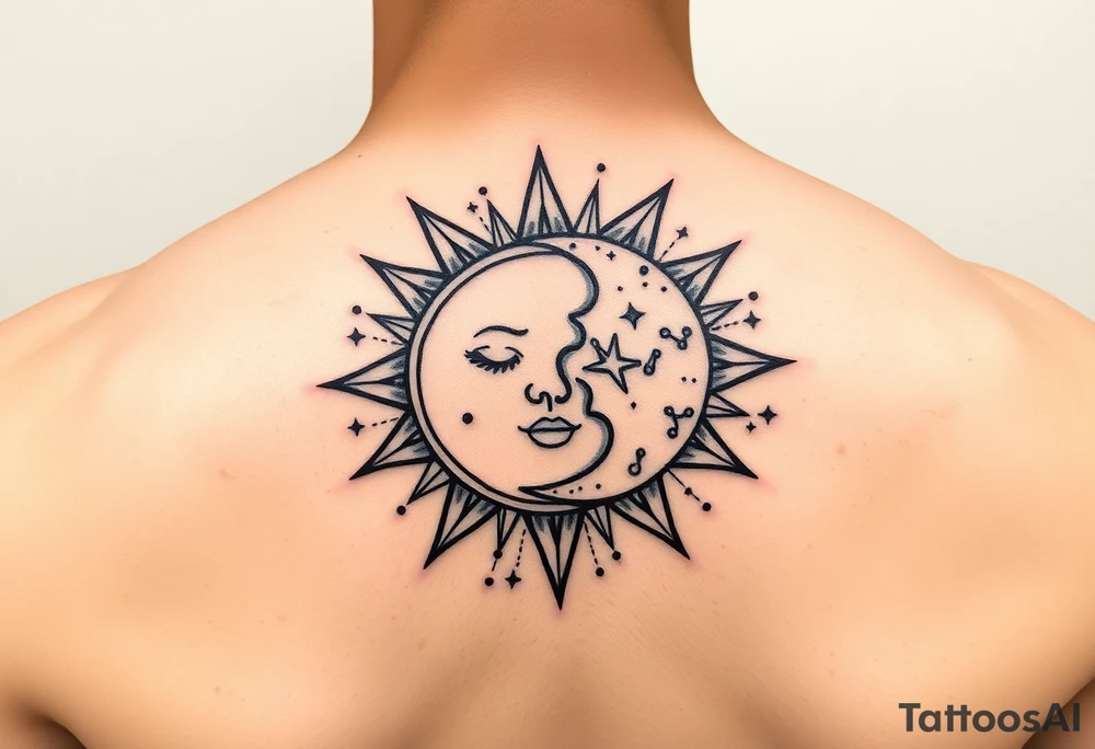 celestial sun and moon embrace with constellation patterns tattoo idea
