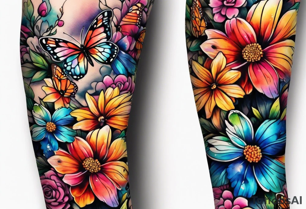 Arm sleeve with rainbow flowers and butterflies tattoo idea