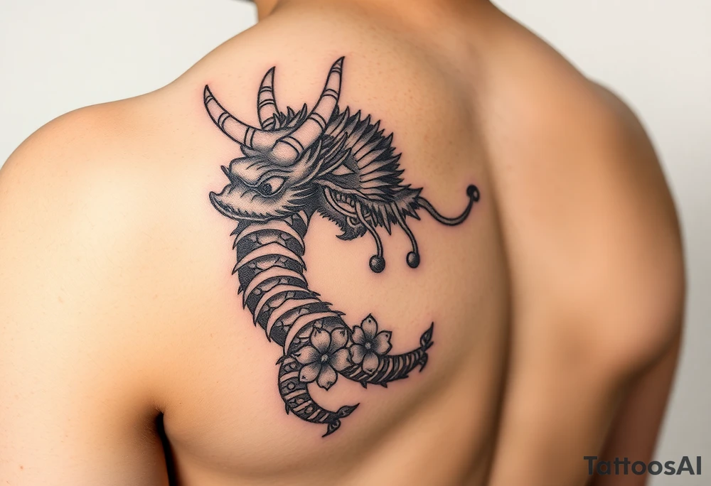 Japanese style forearm tattoo that shows a dragon an o i mask or warrier with incorporating some flower petals tattoo idea