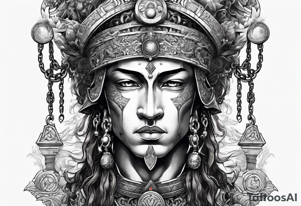 ancient god atlas ( young looking version ) surrounded by big chains and carrying the world top of his head tattoo idea