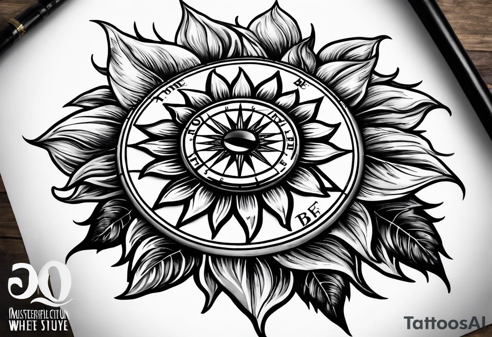 Sunflower and a compass, with the words "To Thine Own Self Be True" tattoo idea