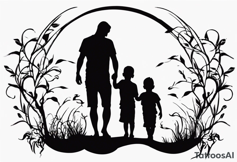 Silhouette of a father with two children, only outer lines tattoo idea