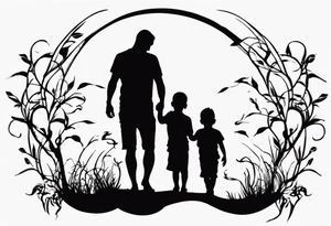Silhouette of a father with two children, only outer lines tattoo idea