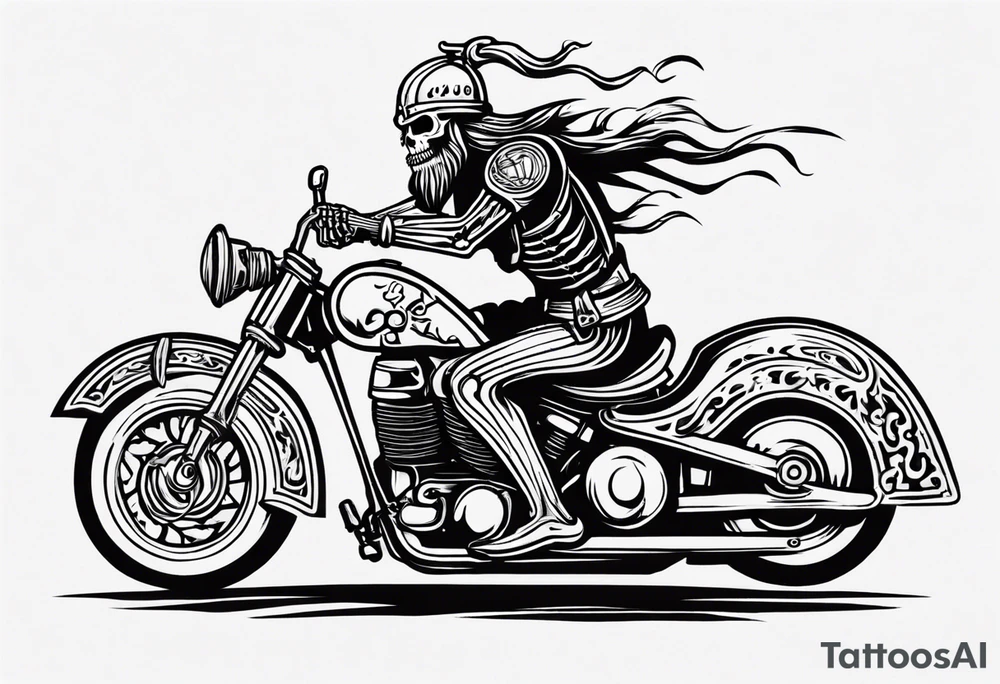 i want a tattoo of a big viking skeleton riding a motorcycle with flames and I want the words “Viking Customs” in the design tattoo idea