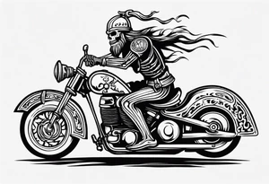 i want a tattoo of a big viking skeleton riding a motorcycle with flames and I want the words “Viking Customs” in the design tattoo idea