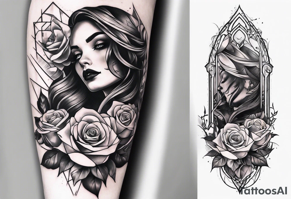 tattoo fool sleeve, old broken gothic home, broken sword, roses tattoo idea