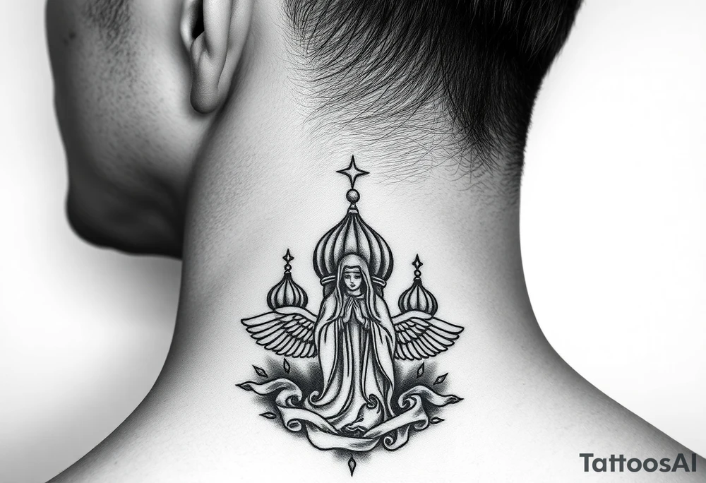 Flowing Scene

A single onion dome rising up toward the ear
Virgin Mary in prayer pose wrapping around the lower neck curve
A small eagle or just the star tucked above the dome near the hairline tattoo idea