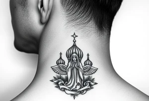 Flowing Scene

A single onion dome rising up toward the ear
Virgin Mary in prayer pose wrapping around the lower neck curve
A small eagle or just the star tucked above the dome near the hairline tattoo idea
