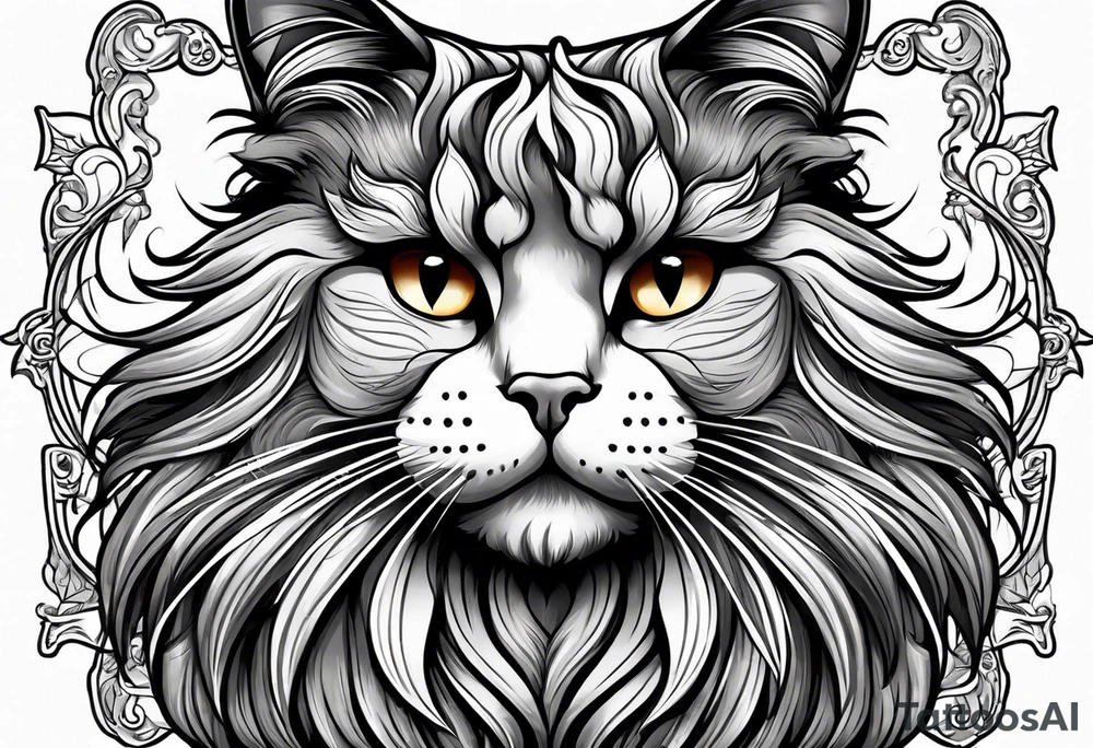 Long hair cat, regal, face gray and white fur tattoo idea