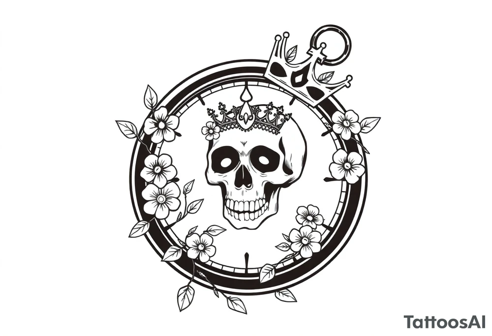 Compass with detailed beautiful gothic boho flowers on vine and skull with gorgeous crown tattoo idea