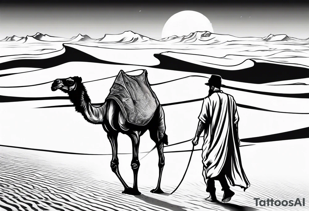 Design a tattoo showcasing a vast desert landscape with low, undulating sand dunes. Feature a man walking alongside his camel, both resilient against the harsh environment, the man covering his face with a long cloth for protection. tattoo idea