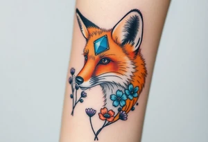 adult fox with blue jewelry smelling wild flowers tattoo idea