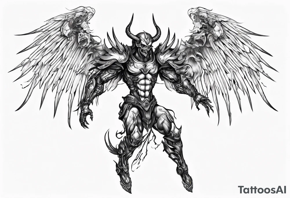 Side view of a demon angel wearing inorganic armor that is in mid-air in attack position. tattoo idea