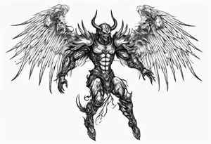 Side view of a demon angel wearing inorganic armor that is in mid-air in attack position. tattoo idea
