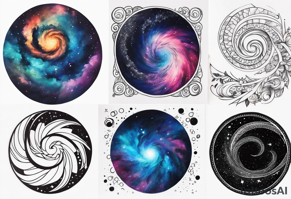 I want a spiral nebula space galaxy tattoo that's colorful and bright and cute and is nice to look at I don't want a traditional circle I want it like the ones thay look like an s shape and this tattoo will be on my left buttcheek and light colors I want more spread and less circle tattoo idea