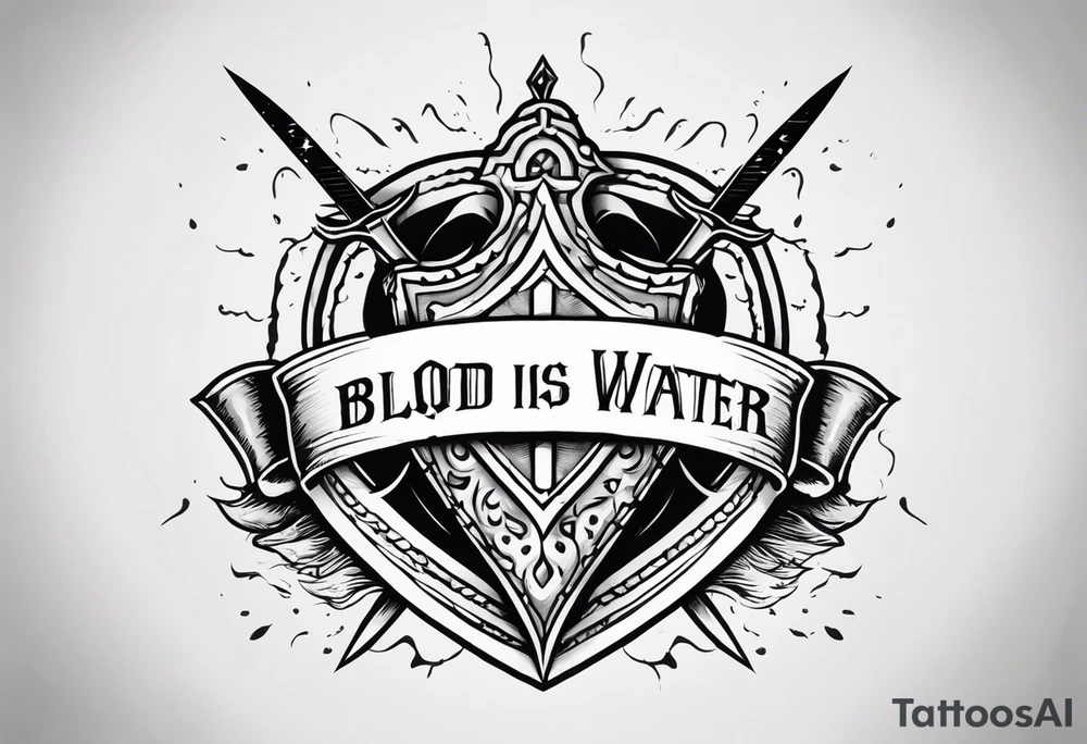 Heart pierced with daggers with a banner saying “blood is thicker than water “ tattoo idea