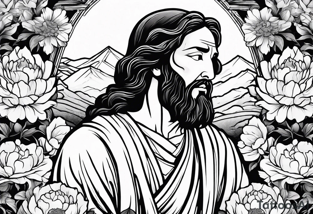 Jesus Christ praying in a peony garden and healed a blind man tattoo idea