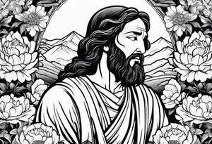 Jesus Christ praying in a peony garden and healed a blind man tattoo idea