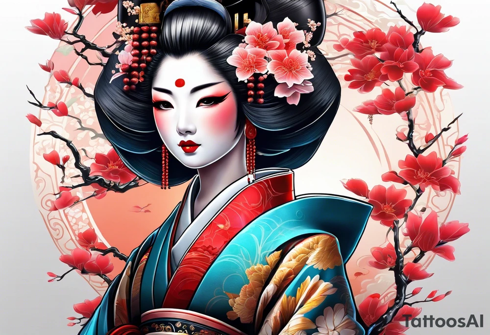 geisha girl that is also a Japanese waterfall tattoo idea