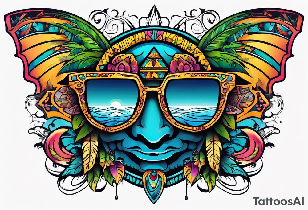 Colorful Mayan sunglasses reflecting water and bats tattoo idea